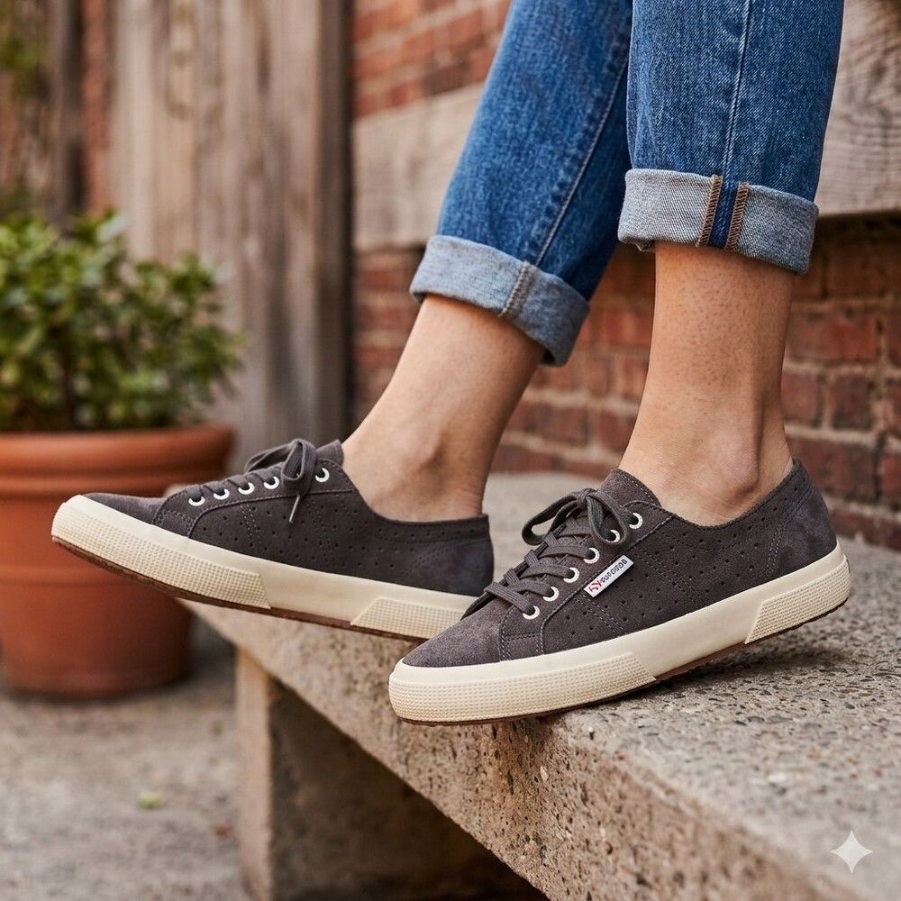 Superga Gray/brown Suede Leather Lace-Up Sneakers Men's US 7.5 Women's 9